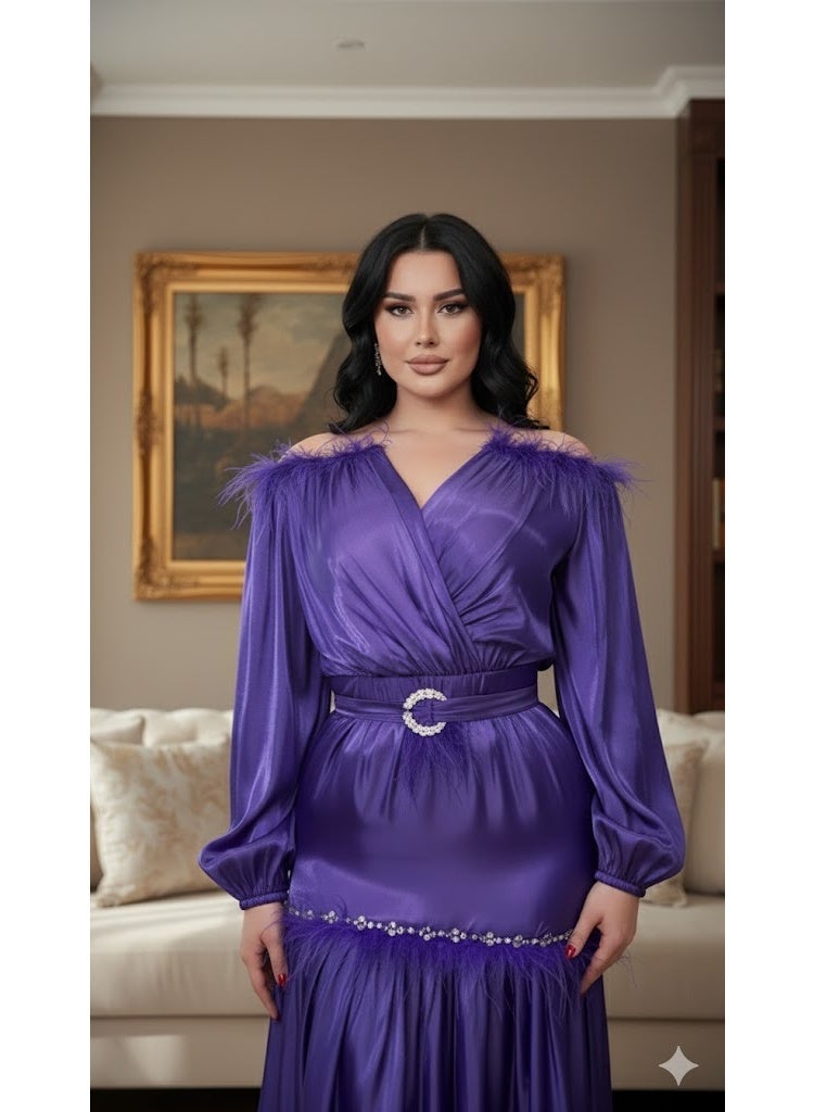 فول جوي فستان سهرة طويل فاخر بتصميم أنثوي جذّاب وحزام عند الخصر وأكمام طويلة ,فستان موضة - Image 1